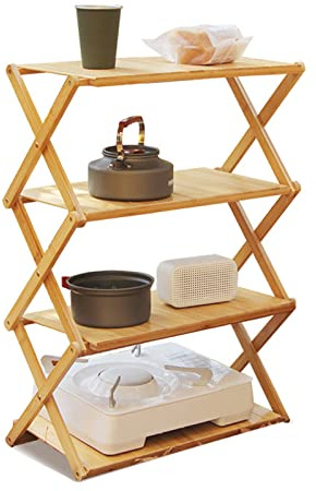 ACOGEDO Holzregal, Tragbar, Starke Tragfähigkeit, Faltbares Holzregal für Outdoor-Picknick, 3-lagig in Leichtes, Faltbares, Tragbares Camping-Klappregal, Zusammenklappbar (4 Schichten)