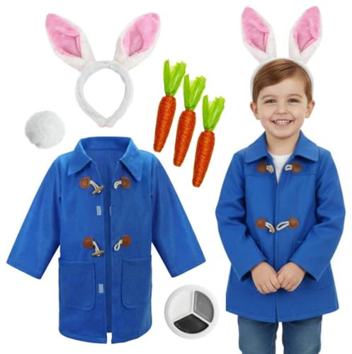 Mischievous Rabbit Set for Kids - 5 Piece Literary Character Outfit - Includes Blue Coat, Plush Bunny Ears Headband, Fluffy Tail, 3x Carrot Props and Face Paint Palette - Book Day Fancy Dress Costume