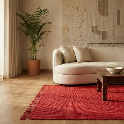 Elegant Floors® Chindi Teppich ROT 90x160 cm handgewebt aus Baumwolle – nachhaltiger Flachgewebe Läufer, wendbar und pflegeleicht