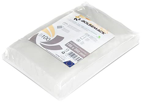 Bolsemack- Pochette sous vide alimentaire 100 Sachets 15 x 30 cm pour Machine Mise Sous Vide Sans BPA, Sacs Gaufrés pour Conservation et Cuisson, Sacs Sous Vide pour Congelation Fabriqués en UE.