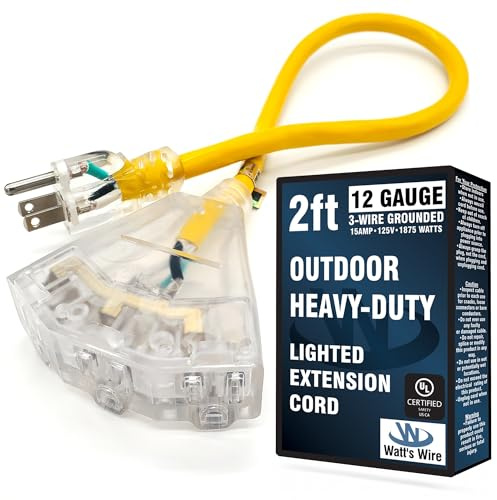 2 ft Short Outdoor Extension Cord Waterproof - 12 Gauge Heavy Duty Extension Cord Splitter Outdoor 2 ft - Lighted Outdoor Extension Cords with Multiple Outlets - Watts Wire - 2' Grounded