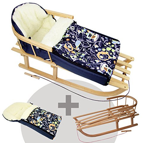 BAMBINIWELT Kombi-Angebot Holz-Schlitten mit Rückenlehne & Zugseil + universaler Winterfußsack (90cm), auch geeignet für Babyschale, Kinderwagen, Buggy, aus Wolle im Eulendesign (Motiv $8)