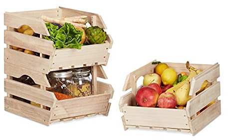 Relaxdays Stapelkisten Holz, 3er Set Stapelbox universal, stabile Lagerkisten zum Stapeln, HxBxT: 20x27,5x38 cm, natur