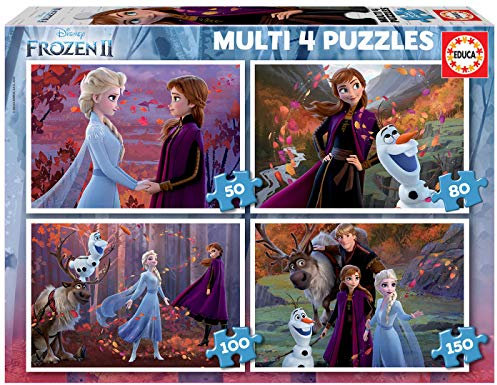 Educa - Die Eiskönigin 2, 4in1 Puzzleset mit 50/80/100/150 Teilen für Kinder ab 5 Jahren, ELSA und Anna, Olaf, Disney, Frozen II (18640)