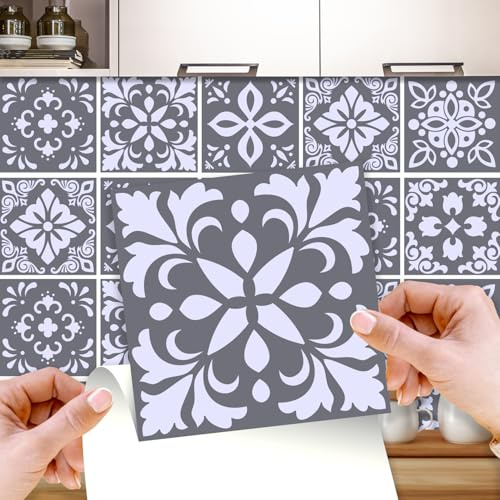 WALPLUS 48 Stück 15x15cm Bans Dunkelgrau Zement Spanisch Wandfliesen Aufkleber Schälen und Kleben Backsplash Abziehbilder Startseite Dekore Aufkantung für Küche Badezimmer Kacheln Farbe auf Wand