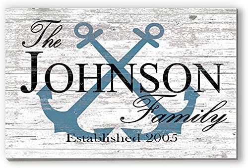 Custom Beach House Sign or Lake Home Sign - Anchor Design Name and Established Date - Solid Wood - 16.5in x 10.5in (Anchor Slate Blue)