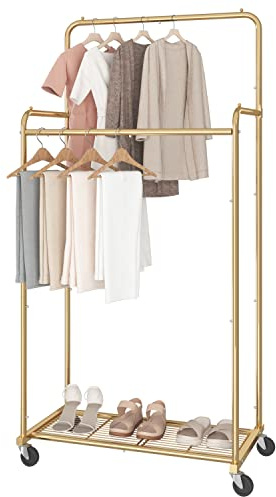 Simple Trending Perchero de doble barra, resistente con ruedas para colgar ropa, con 4 ganchos, color dorado