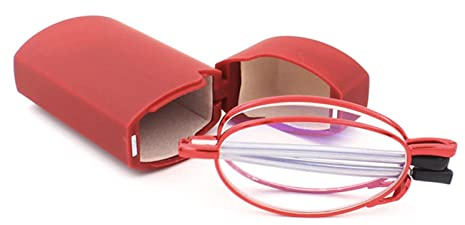 MMOWW Faltbare Anti-Blau-Lesebrille für Männer und Frauen mit Teleskopstangen mit tragbarem Etui (Rot, +2.0)