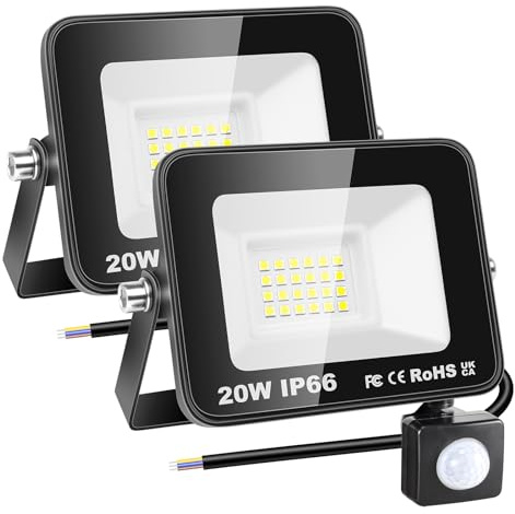 RIGIDON 2 st PIR-rörelsesensor Utomhussäkerhetsljus, 20W 2000 lumen utanför LED-strålkastare, kallvit vägglampa för trädgårdsgarage Bakgård Uteplatshus Dörröppning, IP66 Vattentät 6000K
