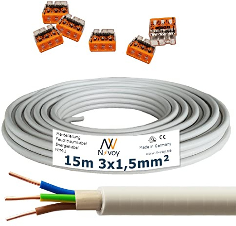 NYM-J 3x1,5 mm² 15m Mantelleitung Installationskabel mit 6 Stück WAGO Klemmen M120