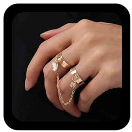 Cimenexe - Anillos de dedo con cadena de borla bohemia, anillo de mariposa de oro para nudillos, anillos de circonita cúbica vintage, anillos medio abiertos, anillos de dedo de banda ancha, anillo de