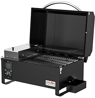 Onlyfire Upgraded Pellet Smoker BBQ Table Top Portable 8 in 1 Multi-Function Outdoor Barbecue Grill for RV Camping Tailgating with Auto Temperature Control, Meat Probe & 2 Tiers Cooking Area, Black
