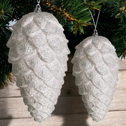 XL Christbaumanhänger Zapfen 2er Set - 23cm / 17 cm - Outdoor Tannenbaumzapfen für den Weihnachtsbaum - Christbaumschmuck zum Anhängen für Weihnachtsdeko - bruchfest (weiß)