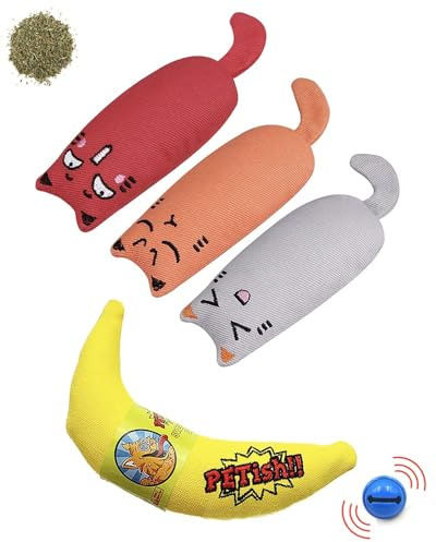 Mox Katzenspielzeug Set (4-teilig) – Banane & Katzenfiguren mit Bio-Katzenminze & Rassel – Selbstbeschäftigung für Katzen – Spielspaß & Stressabbau