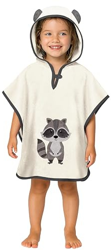 LAYNENBURG Premium Badeponcho Kinder mit Kapuze - 100% Baumwolle - OEKO TEX - Baby Jungen Mädchen Handtuch Poncho Frottee - 1-3 Jahre/Waschbär