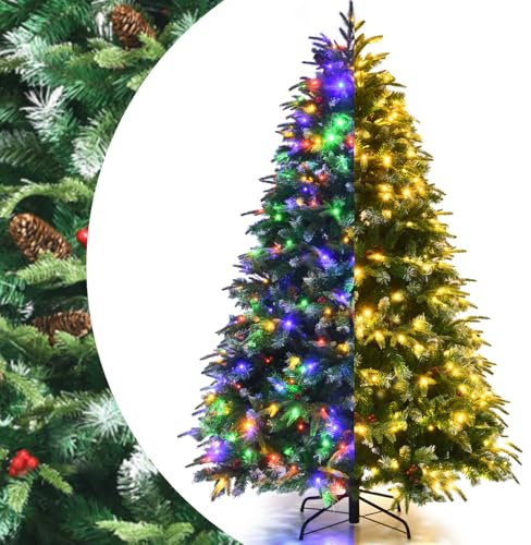 SPOTRAVEL 5FT/6FT/7FT Pre-Lit Christmas Tree, Hinged Snowy Artificial Xmas Tree with 250/350/450 LED Lights, Pine Cones & Red Berries, 581/899/1315 Branch Tips & 11 Flash Modes (150 cm)