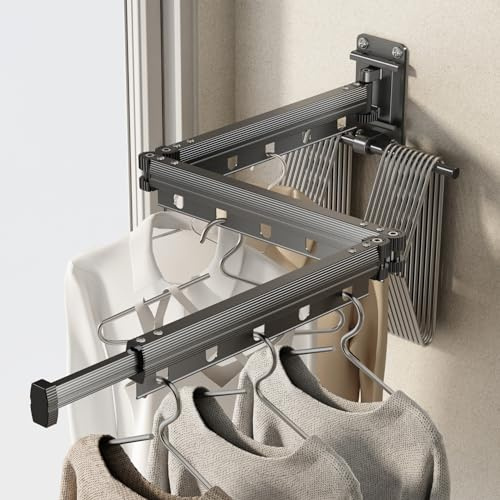CICUFY Clothes Drying Rack Wall Mounted Foldable Laundry Drying Rack Collapsible/Retractable Space Saving Laundry Hanger Dryer Rack with Additional Bar-Matte Gray