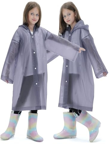 Borogo 2 Pack Raincoats for Kids, Reusable Rain Ponchos with Hood and Sleeves Rain Coats for Boys and Girls Grey