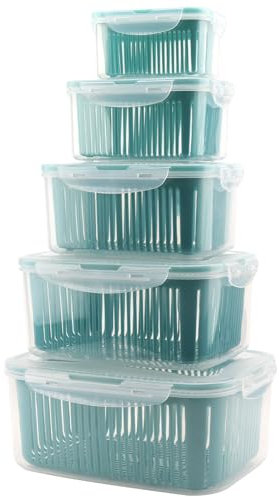 MOUYAT 5 Pack Fruit Storage Containers for Fridge, Stackable Fresh Fridge Storage Containers with Lids and Drain Baskets, Vegetable Storage Containers for Refrigerator, Freezer, Cabinets, Pantry