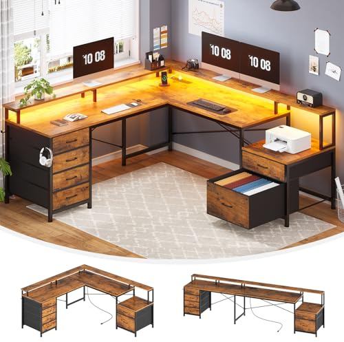SEDETA L Shaped Desk with 6 Drawer, 108 Home Office Desk with File Drawer & Power Outlet, Corner Computer Desk with Monitor Shelf, Two Person Desk, Gaming Desk with Led Lights, Rustic Brown