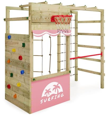 Wickey Klettergerüst Outdoor Spielturm Smart Action mit pastellpinker Plane, Spielgerät mit Kletterwand, Basketballkorb & Spiel-Zubehör für Kinder im Garten aus Holz
