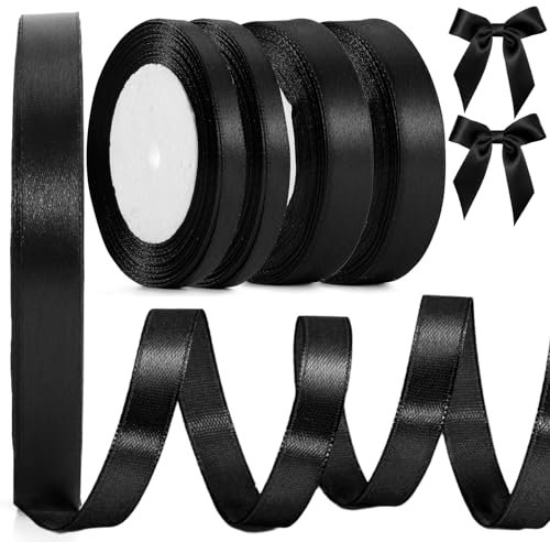 Satinband Schwarz,88M Schwarzes Band,Schleifenband Schwarz,10mm 20mm Geschenkband Schwarze schleife,Band schwarz trauerband für Geschenkverpackung Brautstrauß Basteln Geburtstag (4 ROLLE)