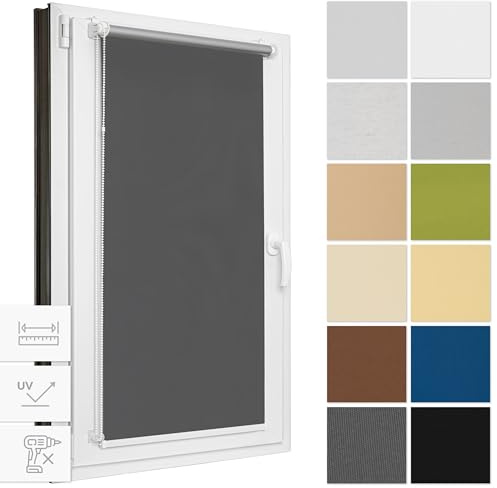 Estika Verdunklungsrollo ohne Bohren, Breite alle 1 cm - 52 cm x 220 cm - Graphit - Thermorollo, Rollos für Fenster ohne Bohren, Sonnenschutz Fenster innen