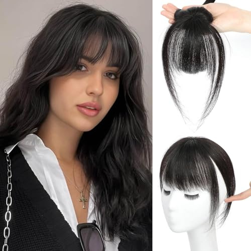 Fine Flus Clip in Pony Haarteil, 100% Remy Echthaar Fringe Bangs Hair Clip in Pony with Tempel Haarteile Echthaar Haarverlängerung für Frauen tägliche Tragen-Natürliches Schwarz