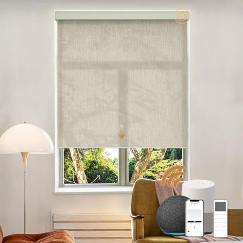 Motorized Light Filtering Roller Shades with Remote Control, Electric Smart Shades Compatible with Alexa and Google, Rechargeable, Customizable Size (Textured Creamy White)