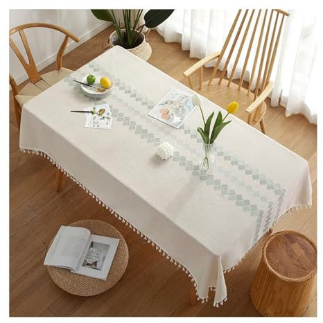 Epinki 140x180CM Tischwäsche, Tischdecke Stickerei mit Quaste Polyester, Tischtuch Aussenbereich Tischschutz, für Drinnen Draussen Garten Esszimmer, Cyan