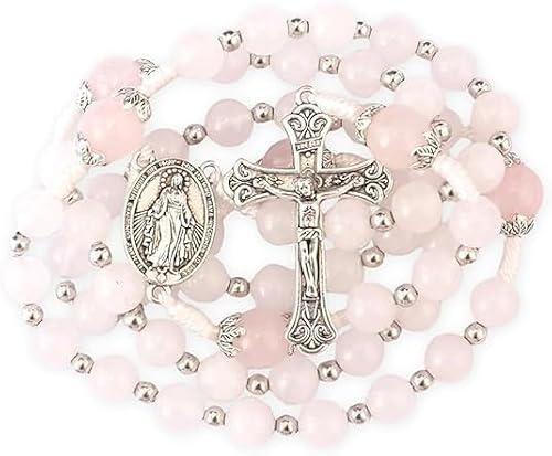 Nazareth Store 8mm White Jade & 10mm Pink Quartz Stone Beads Rosary Necklace St. Miraculous Medal & Cross Crucifix Catholic Prayer Beads