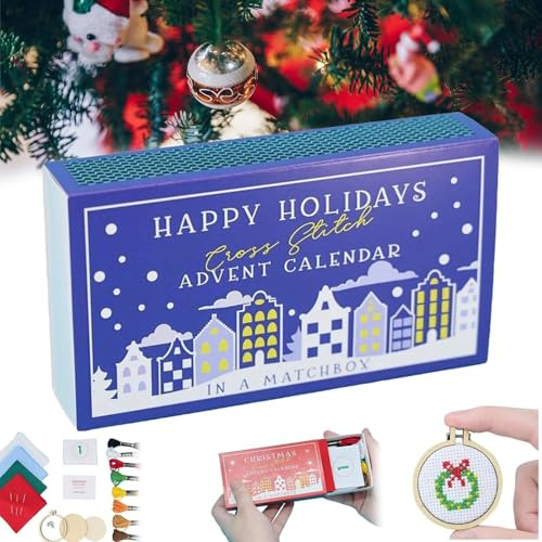 Weihnachtlicher Kreuzstich-Adventskalender, 2025 Weihnachts-Countdown-Stickset, 24 Tage Countdown-Adventskalender, Weihnachts-Adventskalender, Kreuzstichmuster für Anfänger und Bastelliebhaber (blau)