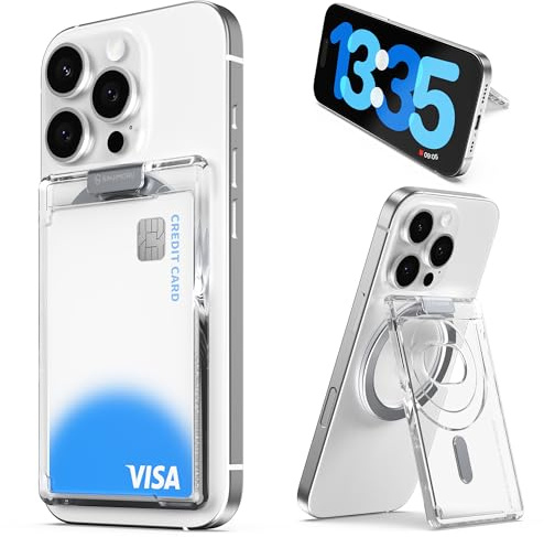 Sinjimoru für Clear MagSafe Wallet mit einstellbarem Ständer, 6,5 mm schlankes transparentes magnetisches Wallet, 3000G Magnetstärke für iPhone 17/16/15/14/13. M-Slim Slot Stand