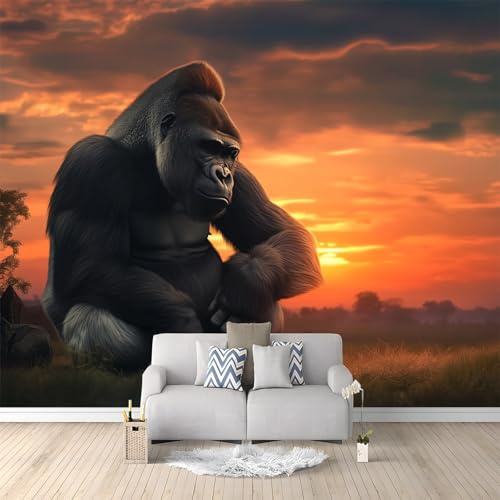 Art Papier peint intissé 400 x 280 cm Papier Peint Panoramique pour Salon Chambre Bureau décor mural moderne Animal Gorille Papier peint Couleur Orange Couvrir les petites fissures
