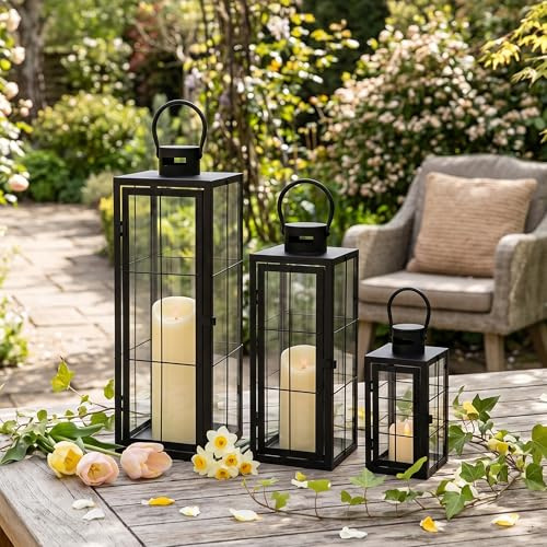 TRIROCKS Uppsättning av 3 dekorativa ljuslykta vintage metallljushållare med härdat glas perfekt för trädgård gård uteplats bröllopsfester evenemang inomhus utomhus