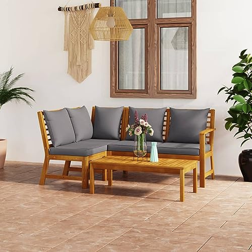IKAYAA Lounge Set Holz, Balkon Lounge Dunkelgrau, Ecklounge Outdoor, Gartenmöbel Set mit Kissen, Loungemöbel Set für Balkon, Garten, Terrassenmöbel außen - 4-TLG