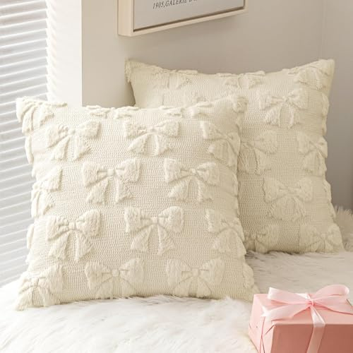 FUFRE 2 Stück Schleife Kissenbezug 45x45 cm, Kissenbezüge Schleifen 45x45 Deko Wohnzimmer Modern Kissenhülle Zimmer Deko Aesthetic Zierkissenbezüge Muttertag Dekokissen Geschenk für Mama (Weiß a)