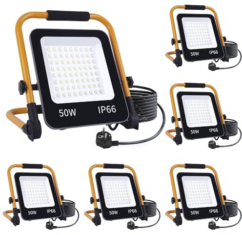 Fosingut Foco de Trabajo LED 50W,5000LM Portátil Luz de Construcción con Enchufe EU/Soporte Plegable/Cable de 2M/6500K,Impermeable Foco Proyector LED Exterior para Obra,Taller,Emergency,Garaje-6pcs