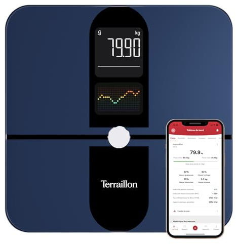 TERRAILLON - COLOR CONNECT - Balance connectée Bluetooth, Fréquence cardiaque, Masses:graisseuse-musculaire-hydrique-osseuse, IMC, Capacité 180 kg, Graduation 50g, Ecran Multi affichage Couleur, Bleu