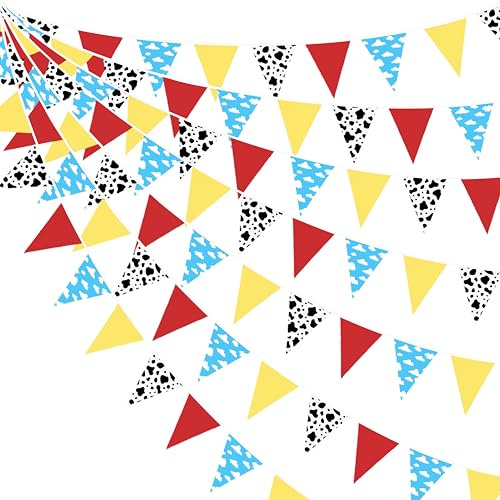 Guirnalda banderín temático historieta rojo azul amarillo con estampado nube y vaca, temática de juguete, bandera, decoraciones de fiesta, para cumpleaños, niños, niñas, bautizo, boda, carnaval al