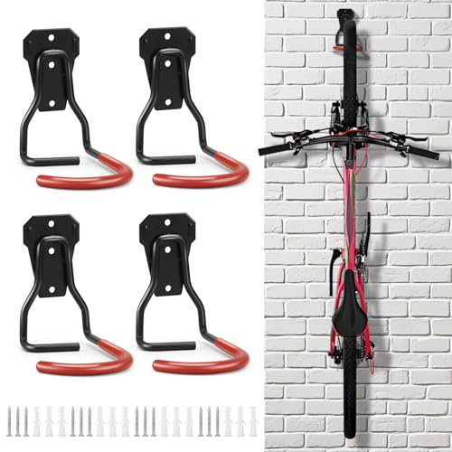Micvtve Confezione da 2 supporti da parete per bici, resistenti, ganci da garage rivestiti in acciaio, ganci verticali per bici, supporti da parete per mountain bike, portabiciclette per garage (4)