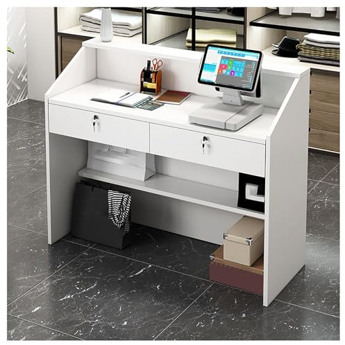BSKJMMP Empfangstisch mit Theke, Sekretär-Schreibtisch, 2 abschließbare Schubladen, Kabeldurchführung, Aufbewahrungsregale für kleine Büros, Salons, Kassen, 99,1 cm, Weiß