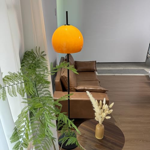 Agteruo Bauhaus Style Orange Glass Floor Lamp Dome Shaped Mid Century Modern Mushroom Standing Lamp Art Deco Tall Lamp Nordic Floor Light for Living Room Bedroom - Black Base