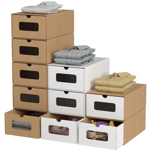 Hebitod Scatole portaoggetti con finestra di visualizzazione, set da 10, 33 x 30 x 35 cm, impilabili per scarpe in cartone, scatola per giocattoli, per accessori e accessori, colore marrone e bianco