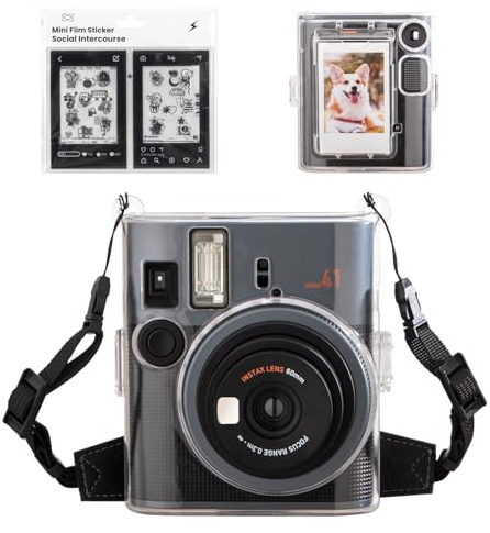 MUZIRI KINOKOO Clear Case for Instax Mini 41 Instant Camera - Mini 41 Hard PVC Protective Case with Photos Pocket - with Adjustable Leather Shoulder Strap & Black Camera Sticker - Transparent