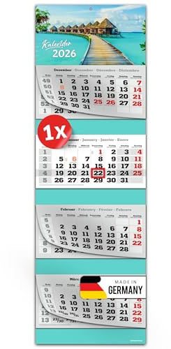 Primus Print Calendrier mural XXL 2026 – Calendrier mural 4 mois – Avec curseur de date, calendrier à suspendre – Avec jours fériés et vacances – Différents motifs – 1 x Caraïbes