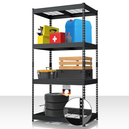 Floordirekt Schwerlastregal Yukon Rivet 180 x 90 x 60 cm, 4 Etagen Schwarz | Stahlregal mit Gitterböden | 250–350 kg Tragkraft je Etage | Verschiedene Größen & Farben