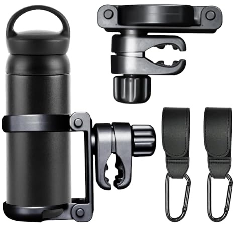 BNGXR Getränkehalter für Kinderwagen Buggy Zubehör, Kinderwagen Getränkehalter Universal 360° Becherhalter für Buggy mit 2 Haken, Wasserflaschenhalterung Abnehmbarer Klappbarer für Getränke (Schwarz)