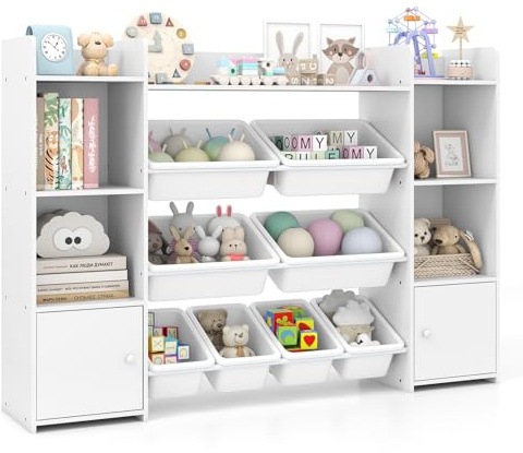 DREAMADE Étagère de Rangement pour Jouets, Organisateur de Jouets avec 8 Bacs Amovibles en Plastique, Armoire avec Portes et Étagères Ouvertes, Meuble de Rangement, 142x30x100CM (Blanc)