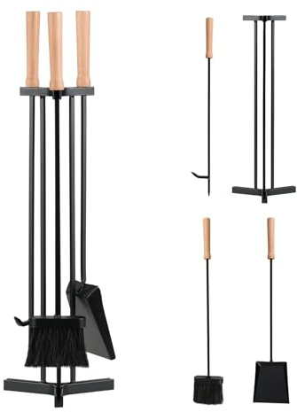 GOPLUS Kaminbesteck, 4-teiliges Kamingarnitur Set mit Schürhaken, Schaufel, Bürste & Ständer, Kaminofen Besteck mit Holzgriff, Kaminzubehör für Ofen, Schwarz